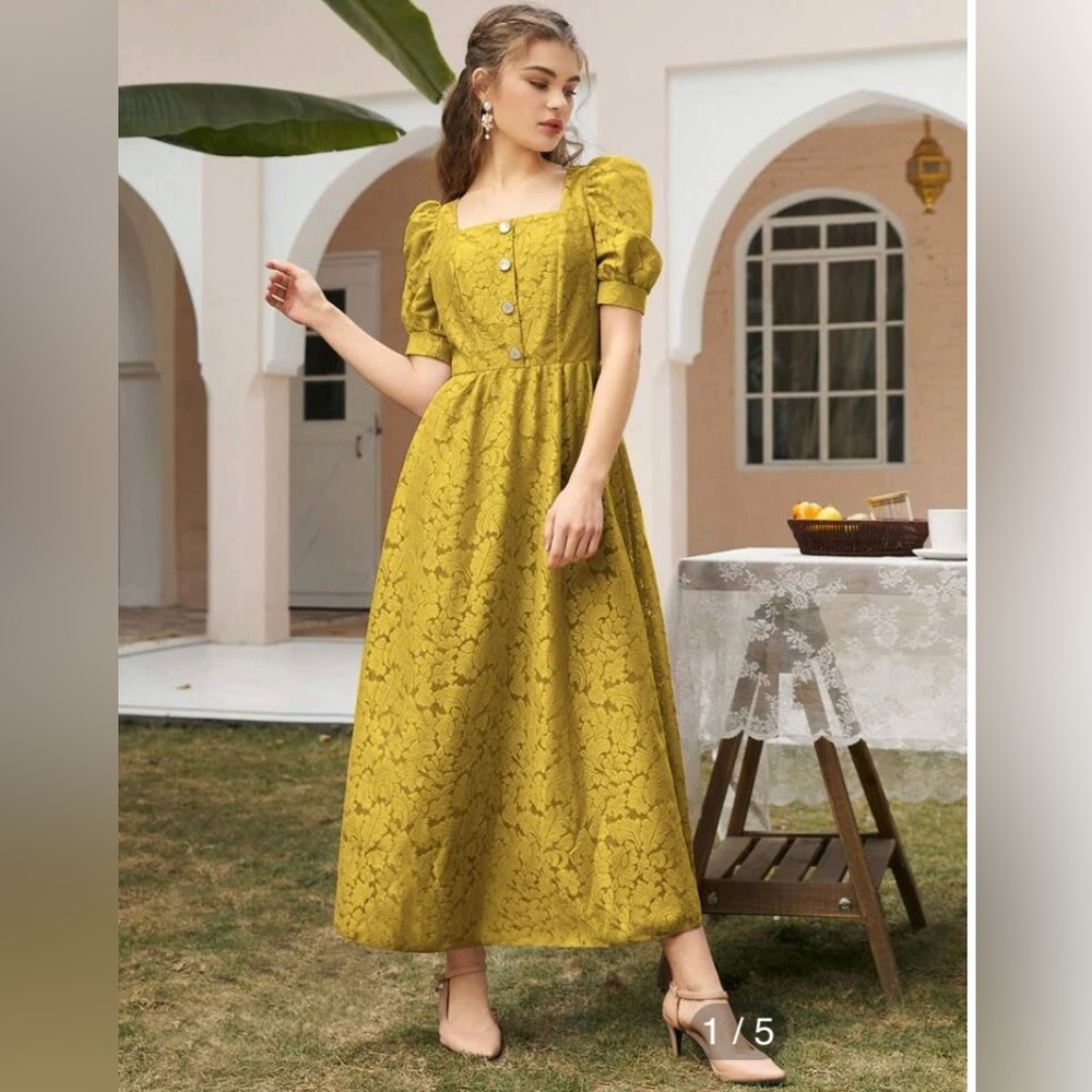 Shein Lace Button Front Puff Sleeve A-Line Dress - Picture 1 of 8